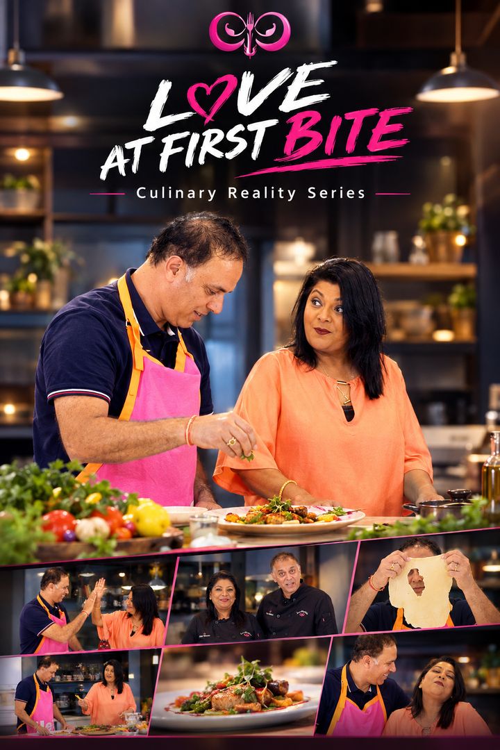 Official poster for Love at First Bite, a culinary reality series
